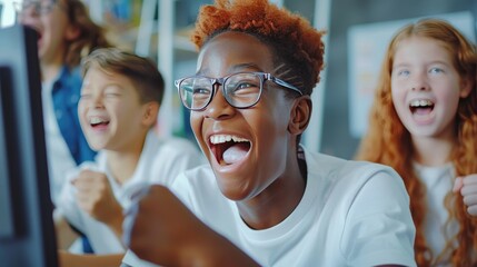 Diverse group of children sitting together in classroom using computers for learning activities