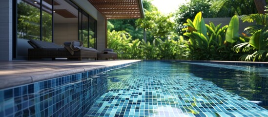 Relaxing holiday vibe by the blue tiled pool with a comfortable lounge chair under the sun - obrazy, fototapety, plakaty