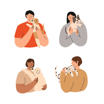 Pet owners set. People are holding cute dogs in their hands. Flat vector illustration.