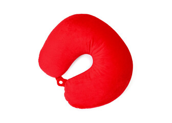 One red travel pillow isolated on white, top view