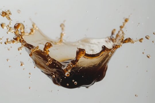Splash image of black coffee floating in the air.
