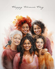Cheerful diverse multigenerational family of women in watercolor style celebrating women's day - 740779012