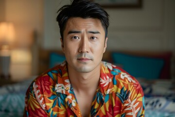 Fototapeta premium a handsome Asian man in colorful pajamas. Concept Lifestyle Photography, Asian Male Model, Colorful Pajamas, Handsome Portraits, Indoor Photoshoot