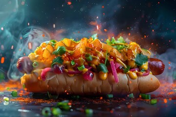 Smoky Hot Dog with Vibrant Mustard and Ketchup Splashes, Onions on Top.