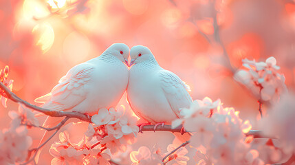 Beautiful two white pigeons birds are sitting together on the branch of a tree against pastel pink flowers background. Fantastic surreal photo in pastel colors. - Powered by Adobe