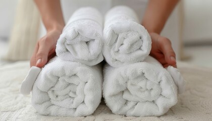 Professional chambermaid placing fresh towels in hotel room, close up with copy space
