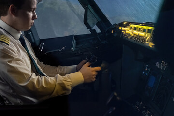 Man controls plane with steady hands and keen instincts. Pilot experience reflected in seamless...