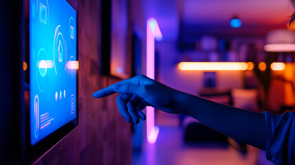 Close-up of a woman's finger touching a touch screen, using smart home technology, connected appliances, controlling the digital control of the energy security heating system in the apartment. - obrazy, fototapety, plakaty