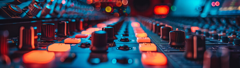 A close-up view of sound mixer console in a recording studio - obrazy, fototapety, plakaty