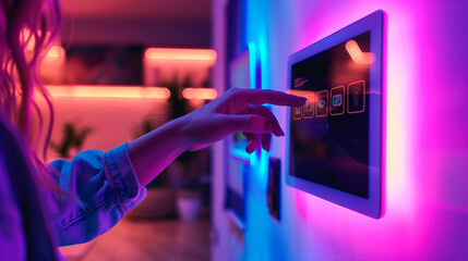 Obraz premium Close-up of a woman's finger touching a touch screen, using smart home technology, connected appliances, controlling the digital control of the energy security heating system in the apartment.