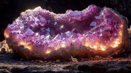 Sunbeams illuminating an amethyst geode on a mountainside where a mountain goat skillfully navigates the sparkling terrain - obrazy, fototapety, plakaty