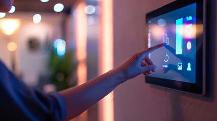 Close-up of a woman's finger touching a touch screen, using smart home technology, connected appliances, controlling the digital control of the energy security heating system in the apartment. - obrazy, fototapety, plakaty