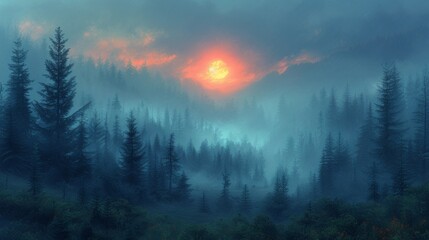 Painting of a Sunset in a Foggy Forest