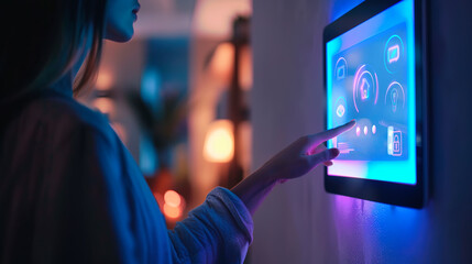 Close-up of a woman's finger touching a touch screen, using smart home technology, connected appliances, controlling the digital control of the energy security heating system in the apartment.