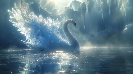 Sapphire crystals encased in ice on a frozen river with a majestic swan gliding over its feathers reflecting the deep blue hues - obrazy, fototapety, plakaty