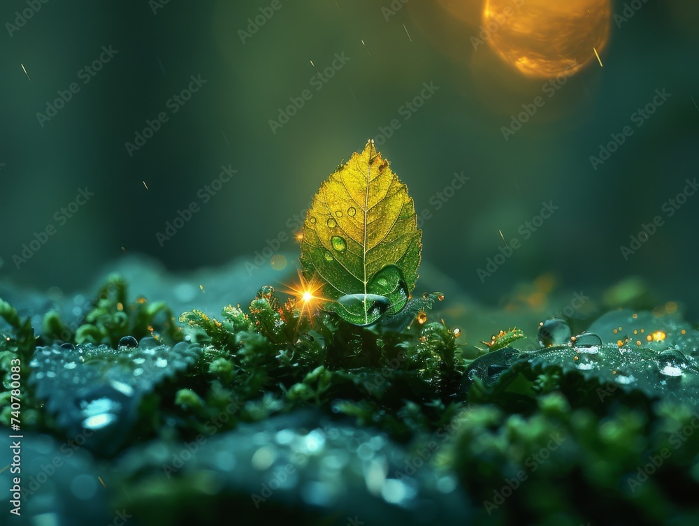 Poster single droplet on a leaf tip magnifying an ethereal forest sprite dancing within