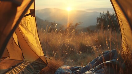 Camping tent close up concept of traveling while crossing landscape. - obrazy, fototapety, plakaty