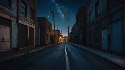 Desolate urban alley with an empty asphalt floor under the starry night sky.