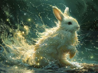 Splash around a jumping rabbit capturing ephemeral shapes of lunar deities in its midst - obrazy, fototapety, plakaty