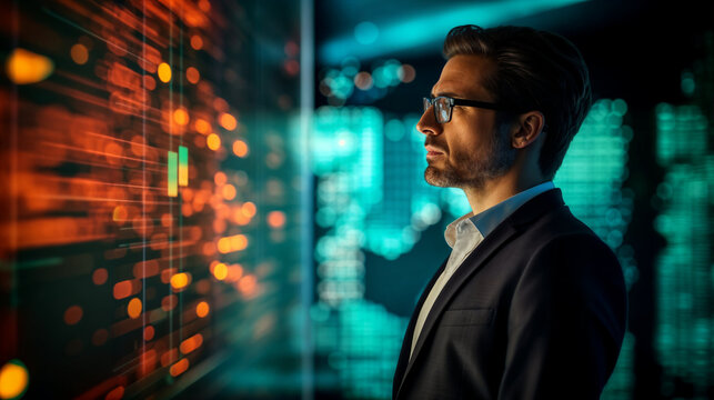 Businessman Analyzing Data on Digital Interface Screen
