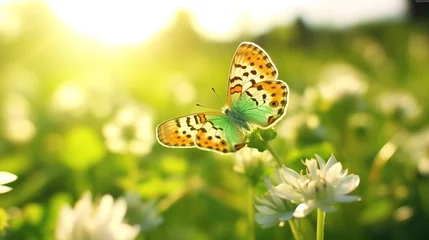 Foto op Plexiglas Beautiful butterfly fluttering on green garden. Floral spring natural with soft bokeh field and sun light. © Alpa