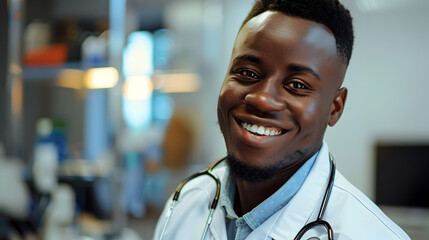 African Doctor Smiling with Stethoscope in Medical Setting room with happy feeling