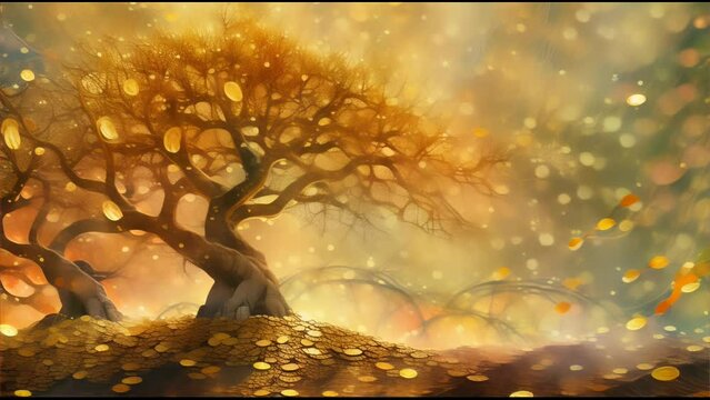 Enchanted autumn forest scene with golden leaves and magical glowing lights.