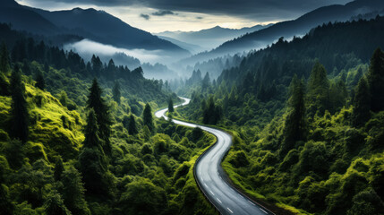 Bird's eye view of the road in the middle of the forest in the mountains. Discovering amazing...