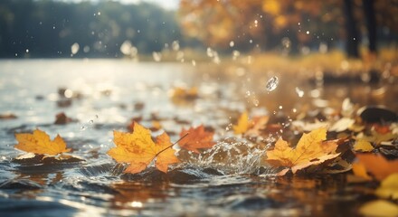 Naklejka na ściany i meble Fresh water splashing in the autumn lake