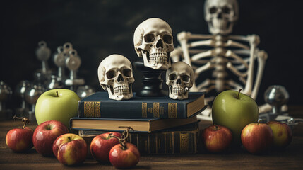 human skulls on books next to apples