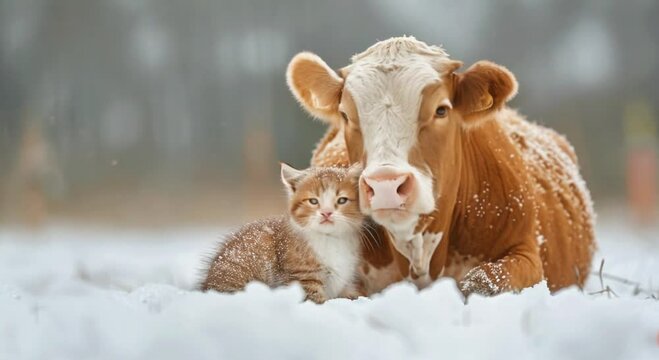 a cow and a cat in the snow footage