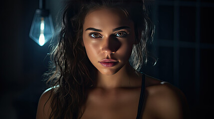 Close up portrait of a young pretty woman isolated on dark background
