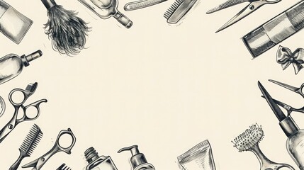 A background with sketches of scissors, combs, and hair products. The text space can be in the shape of a hairbrush - obrazy, fototapety, plakaty