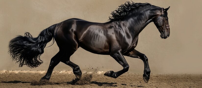 A sculpture of a black horse, a terrestrial animal, is depicted running in the dirt in a field, showcasing its powerful muscles and flowing tail