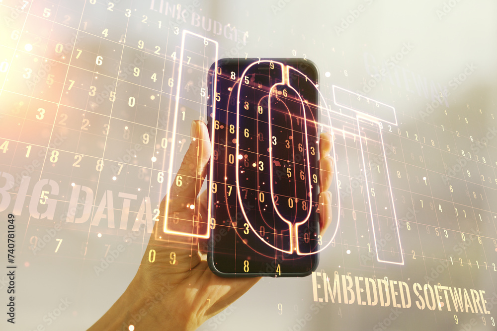Poster Double exposure of creative IOT hologram and hand with cell phone on background, research and development concept
