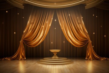 golden stage with curtains and pedestal, 3d render background - obrazy, fototapety, plakaty