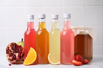 Delicious kombucha in glass bottles, jar and fresh fruits on white marble table