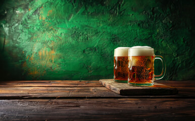 Two beer mugs on a wooden table, isolated on a green background