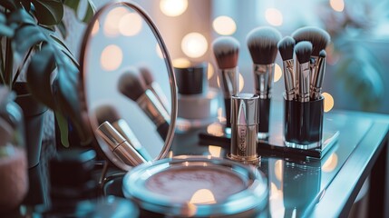 Cosmetic brushes with makeup mirror on table, Table with decorative cosmetics and mirror in modern makeup room, round mirror, circle mirror, dressing table - obrazy, fototapety, plakaty