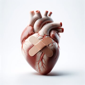 Realistic image of a human heart with plasters / bandaids  depicting medical treatment and heart care and surgery.