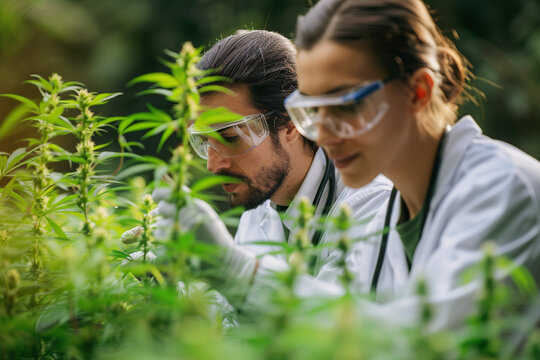 Two scientists examining plants in a greenhouse environment