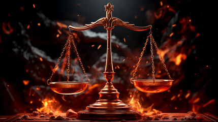 Justice scale with dark-toned on-fire background. Justice concept. Scale is a symbol of justice.  - obrazy, fototapety, plakaty