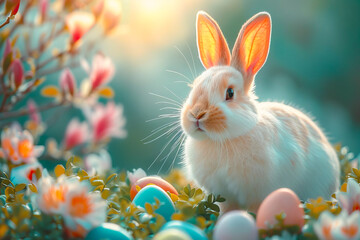 Bunny surrounded by colorful Easter eggs in a fabulous forest.