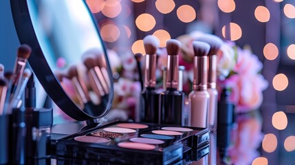 Cosmetic brushes with makeup mirror on table, Table with decorative cosmetics and mirror in modern makeup room, round mirror, circle mirror, dressing table, blur background, bokeh