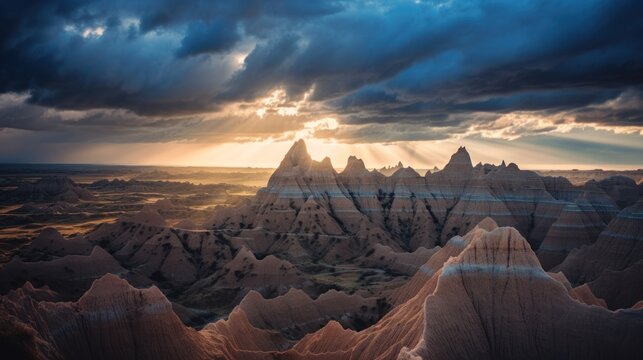 The beautiful Badlands National Park in South Dakota with sunset view in the background