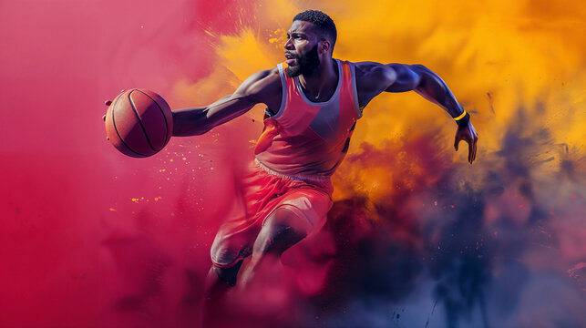 Dynamic basketball player in action with vibrant color explosions, athleticism and energy in motion, creative sport concept