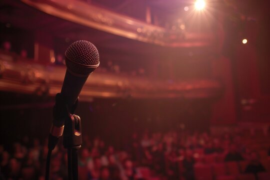 A single microphone on a stand is highlighted by a spotlight against a blurred background of an auditorium filled with an expectant audience, suggesting a live performance or speech 