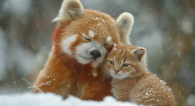 a panda and a cat in the snow footage