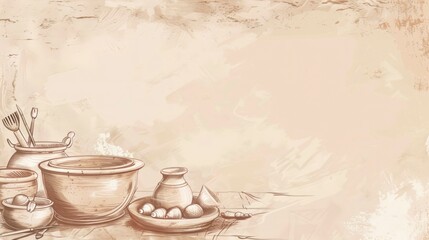 A background with sketches of pottery wheels, clay pots, and kilns. with text space
