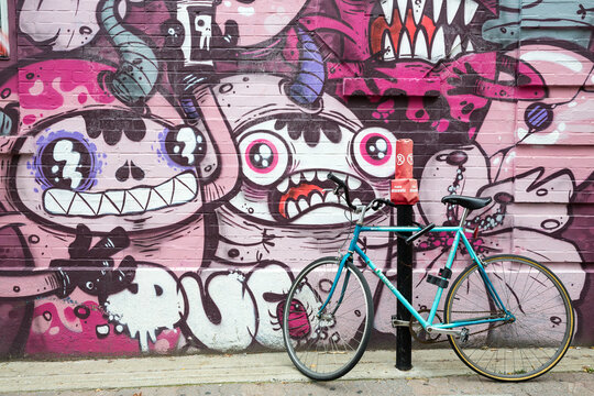 Push bike and graffiti wall, Montreal, Canada
